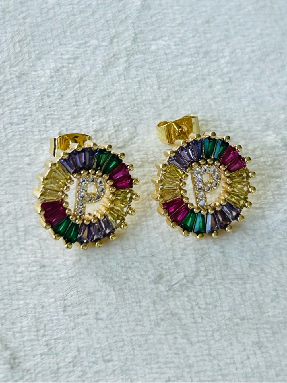 "P" Initial Earrings with Multicolor Crystals